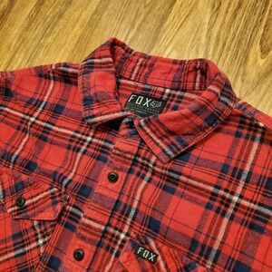 Fox Racing Flannel Shirt Men Medium Red Blue Plaid Long Sleeve Heritage Forged